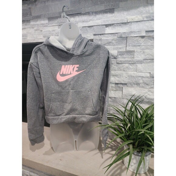 Nike Hoodie Youth Girls Extra Large XL Gray Pink Sportswear Pullover Cropped - Picture 1 of 6